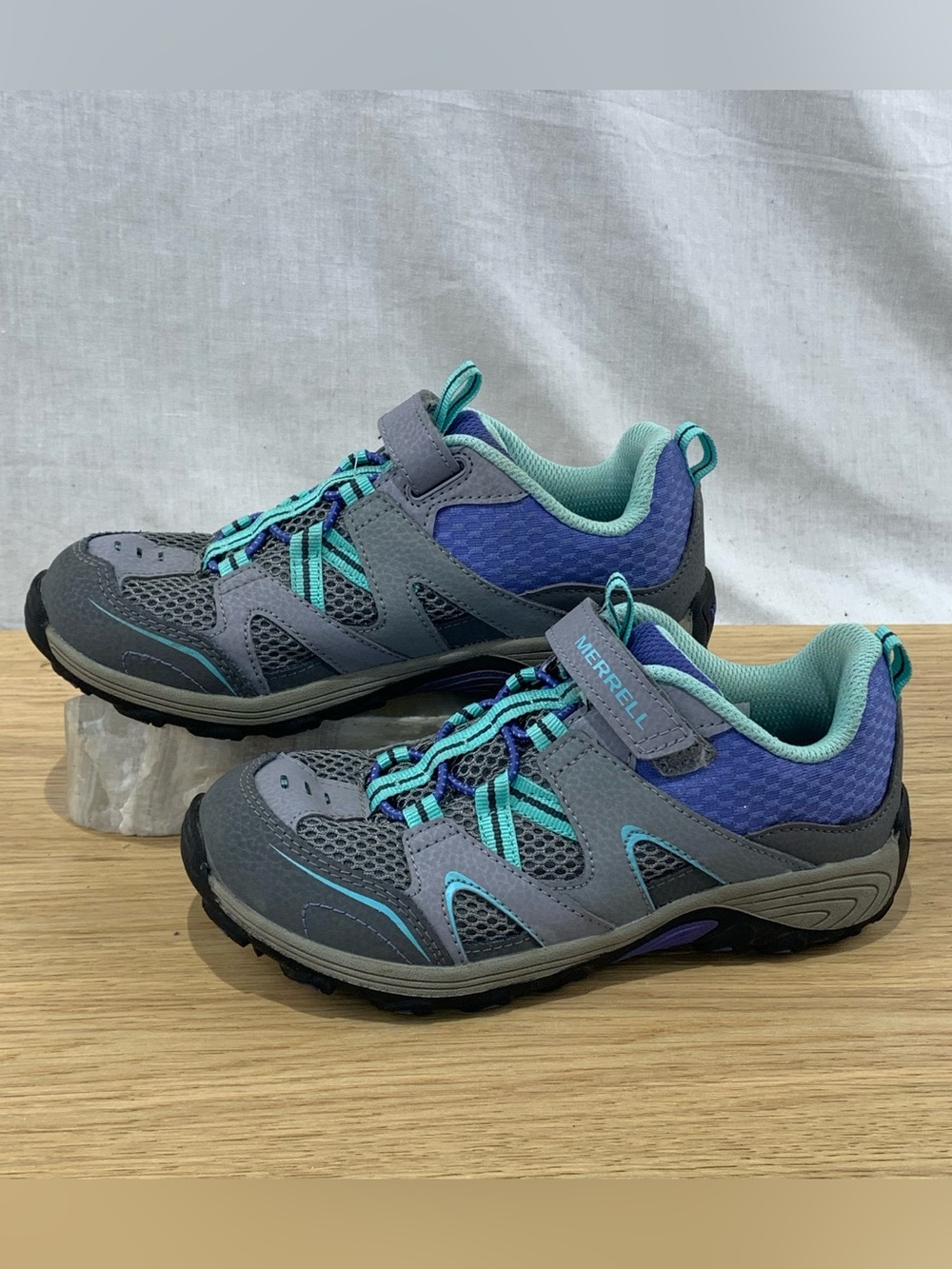 Merrell Trail Chaser Kids Hiking Shoes Gray Purple Teal Blue Hook & Loop Kid’s 2